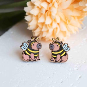 Hand-painted  Capybara in Bee Costume Wooden  Earrings Womens Girls Stud Earrings Gift by Robin Valley