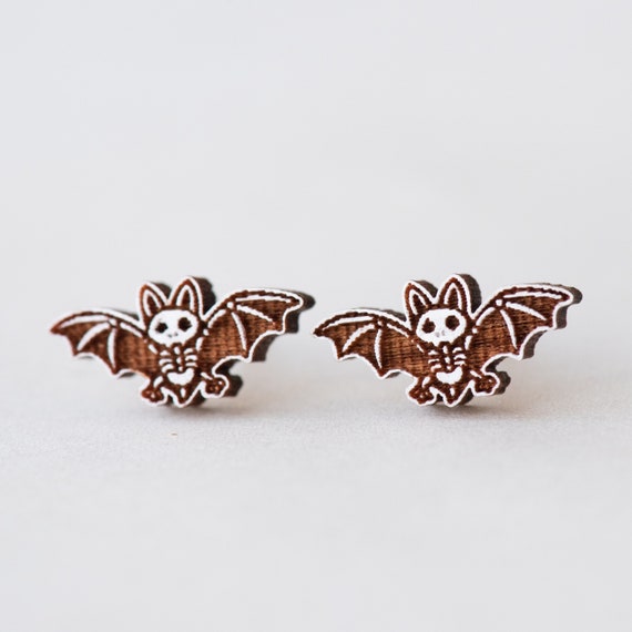 Wood stud bat earrings bat skeleton earrings hand painted animal earrings wooden earrings