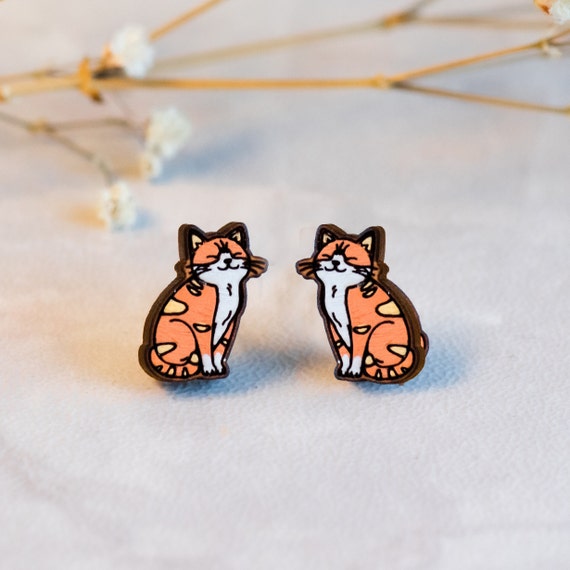 Hand-painted Ginger Cat Earrings Womens Stud Earrings Jewellery