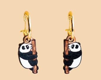 Hand-Painted Cherry Wood Panda Hoop Earrings Golden Hoop Earrings by Robinvalley Studio