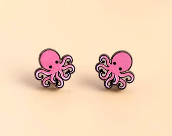 Hand-painted Cute Octopus Wooden Earrings Womens Gift