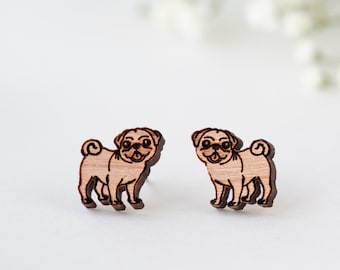 Cute Pug Earrings Womens Stud Wooden Earrings Dog Earrings