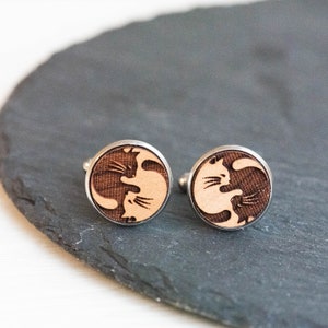 Wooden Yin Yang Cat Cufflinks Handmade Men Cufflinks Stainless Steel Wooden Cufflinks Mens Gift