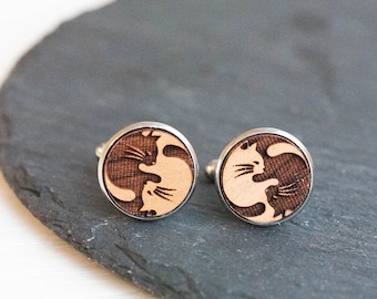 Wooden Yin Yang Cat Cufflinks Handmade Men Cufflinks Stainless Steel Wooden Cufflinks Mens Gift