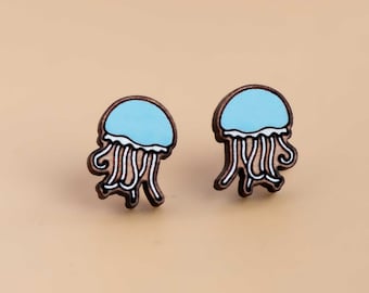 Hand-painted Blue Jellyfish Stud Earrings Womens Stud Wooden Earrings