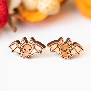 Handmade Wooden Earrings Vampire Bat Earrings Halloween Costume Jewelry by Robinvalley Studio