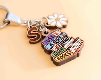 Hand-painted Just a Girl Who Loves Books Keyring Personalised Keyring Keychain by Robin Valley