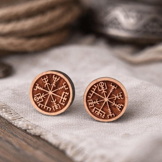 Viking Earrings Wooden Vegvísir  Earrings Viking Compass Earrings Symbol Circle Stud Earrings Geometric Mens Earrings Womens Earrings