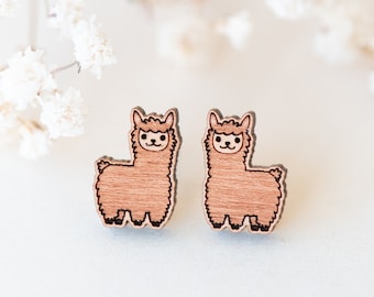 Handmade Wooden Earrings Cute Llama Earrings Alpaca Earrings Womens Stud Earrings by RobinValley Studio
