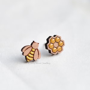 Boucles d&#39;oreilles en bois peint à la main boucles d&#39;oreilles ruche boucles d&#39;oreilles nid d&#39;abeille boucles d&#39;oreilles abeille boucles d&#39;oreilles bijoux cadeau