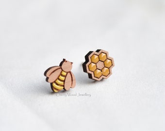Handmade painted wood earrings beehive earrings honeycomb earrings stud bee earrings jewellery gift