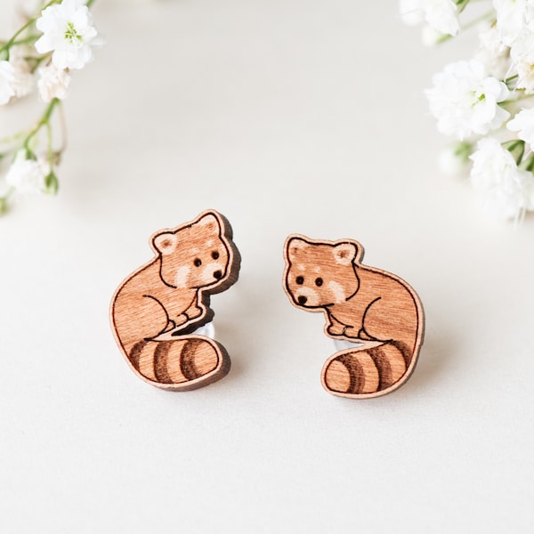Handmade Cute Red Panda Earrings Womens Girls Stud Earrings Wooden Earrings