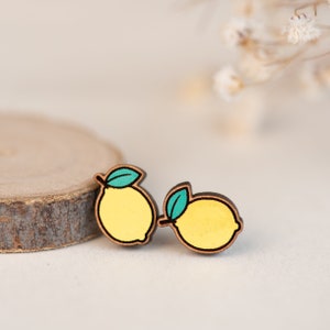 Handmade Wooden Earrings Handpainted Lemon Earrings Womens Stud Earrings by Robin Valley Studio