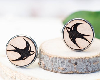 Handmade Wooden Swallow Cufflinks Mens Stainless Steel Cufflinks Wooden Cufflinks Mens Gift