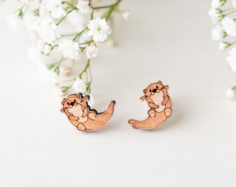 Handmade Cute Otter Earrings Wooden Stud Earrings Womens Girls Earrings Gift by Robin Valley Studio