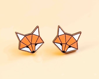 Hand-painted Origami Fox Wooden Earrings Womens Gift