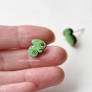 Handmade Chameleon Earrings Wooden Earrings Green Reptiles Stud Earrings by RobinValley Studio