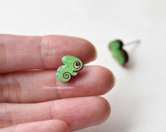 Handmade Chameleon Earrings Wooden Earrings Green Reptiles Stud Earrings by RobinValley Studio