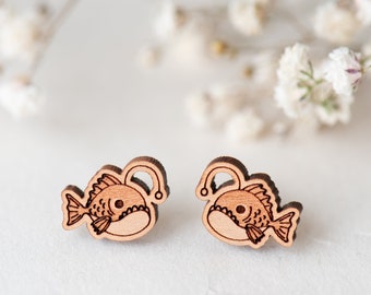 Handmade Cute Anglerfish Earrings Sea Animals Earrings  Womens Girls Stud Earrings Wooden Earrings