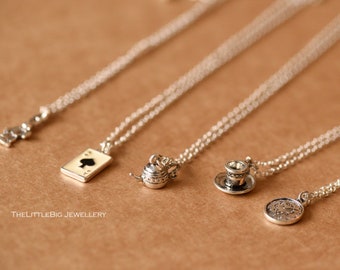 Delicate petite silver Alice in Wonderland pendant necklace teapot cup rabbit clock Spades poker card girls gift birthday bag fillers
