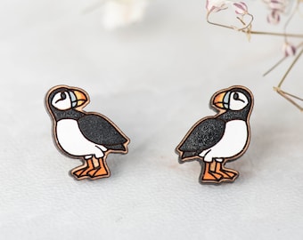 Hand-painted Puffin Bird Earrings  Wooden Earrings Women’s Girl’s Stud Earrings gift by RobinValley Studio