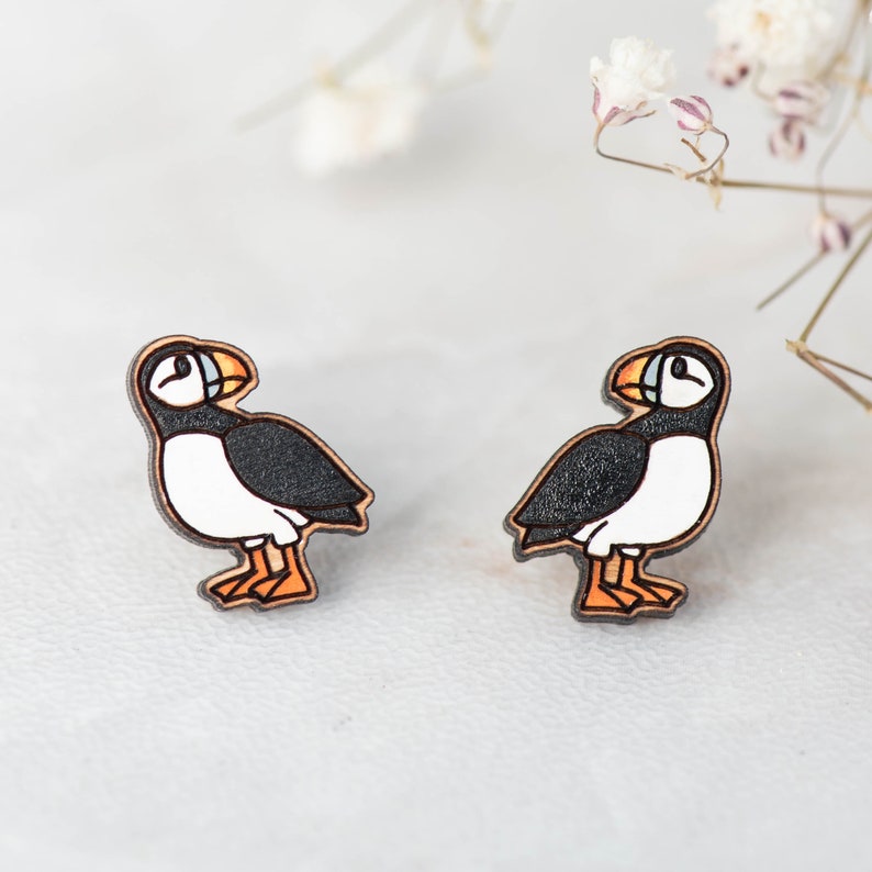 Hand-painted Puffin Bird Earrings Wooden Earrings Womens Girls Stud Earrings gift by RobinValley Studio image 1