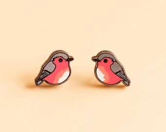 Hand-painted Robin Bird Earrings  Wooden Earrings Women’s Girl’s Stud Earrings gift by RobinValley Studio