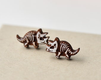 Hand-painted Wooden Triceratops Earrings, Skeleton Stud Earrings, Dinosaur Earrings