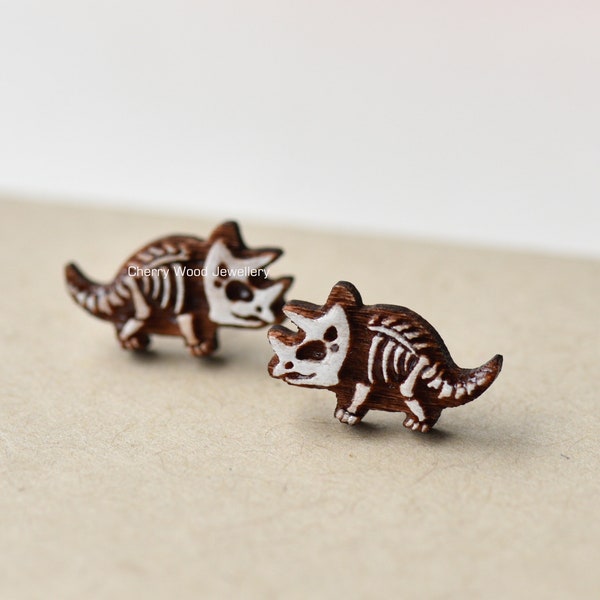 Triceratops Earrings Skeleton Stud Wooden Earrings Dinosaur Earrings Punk Earrings Womens Earrings Mens Earrings