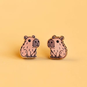 Hand-painted Wooden Capybara Earrings Womens Girls Stud Earrings Gift by Robin Valley