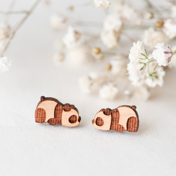 Wood sleeping panda earrings animal stud earrings wooden jewellery Jewellery gift for womens girls