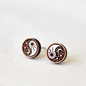 Wood yin yang earrings symbol Sun Luna stars stud earrings