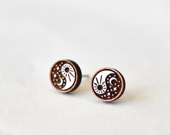 Hand-painted Wooden Yin Yang Earrings Mens Womens Stud Earrings Gift