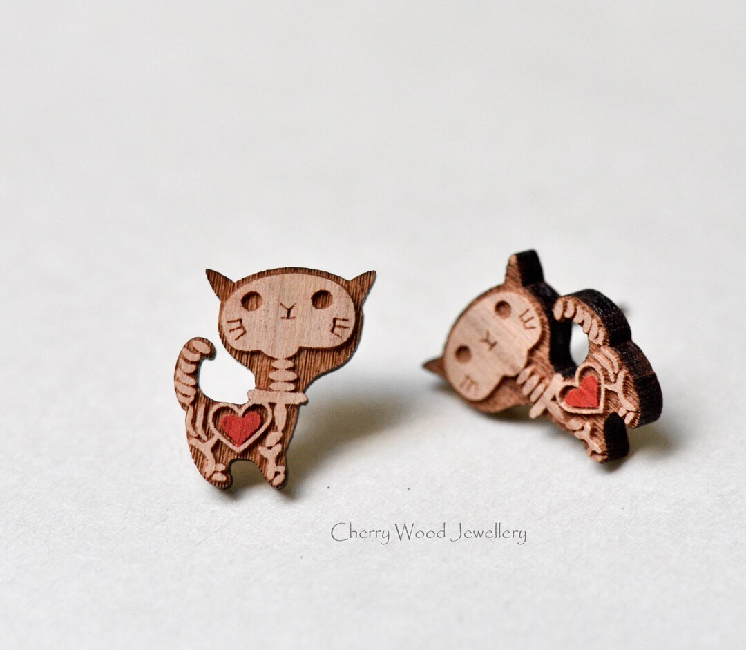 Handmade Wooden Cat Skeleton Earrings Heart Love Cat Earrings Etsy