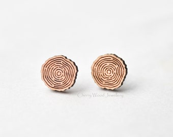 Wood tree stump earrings tree log earrings annual ring stud earrings jewellery gift by Cherry Wood Jewellery