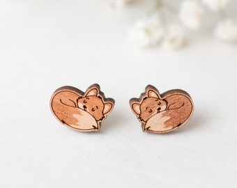 Handmade Sleeping Fox Earrings Wooden Earrings Womens Girls Stud Earrings by Robin Valley Studio