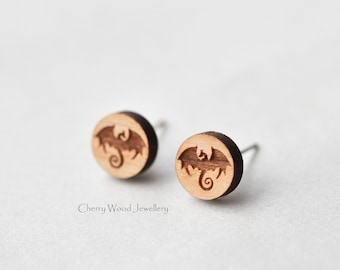 Wood dragon earrings circle stud earrings jewellery gift by Cherry Wood Jewellery