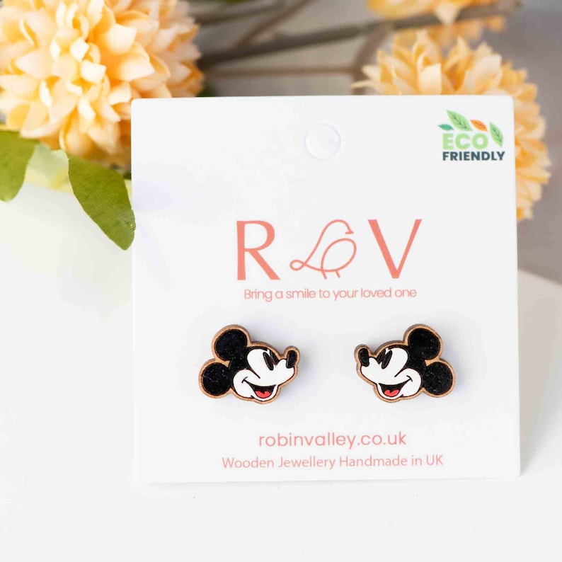 Hand-painted Wooden Steamboat Willie Mickey Mouse Stud Earrings image 2