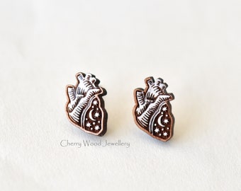 Wood heart earrings anatomy heart earrings tattoo punk style symbol Sun Luna stars jewellery by Cherry Wood Earrings