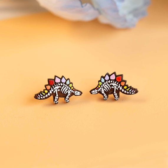Hand-painted Rainbow Stegosaurus Skeleton Earrings Wooden Dinosaur Earrings Gift