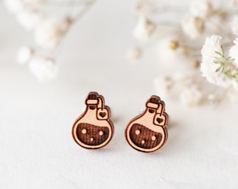 Witch‘s Magical Love Potion Cherry Wood Stud Earrings by Robinvalley studio