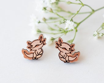 Handmade Cute Axolotl Earrings Womens Girls Stud Earrings Wooden Earrings