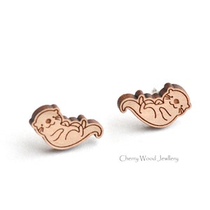 Handmade Cute Otter Earrings Wooden Stud Womens Earrings Girls Earrings Gift