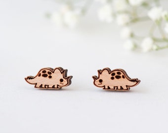 Boucles d'oreilles mignonnes Doodle Triceratops, boucles d'oreilles dinosaures, boucles d'oreilles en bois pour femmes et filles