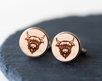 Handmade Men Cufflinks Stainless Steel Wooden Cufflinks Highland Cow Cufflinks Mens Gift