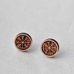 Viking Earrings Wooden Vegvísir  Earrings Viking Compass Earrings Symbol Circle Stud Earrings Geometric Mens Earrings Womens Earrings