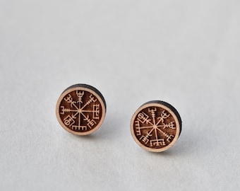 Viking Earrings Wooden Vegvísir  Earrings Viking Compass Earrings Symbol Circle Stud Earrings Geometric Mens Earrings Womens Earrings