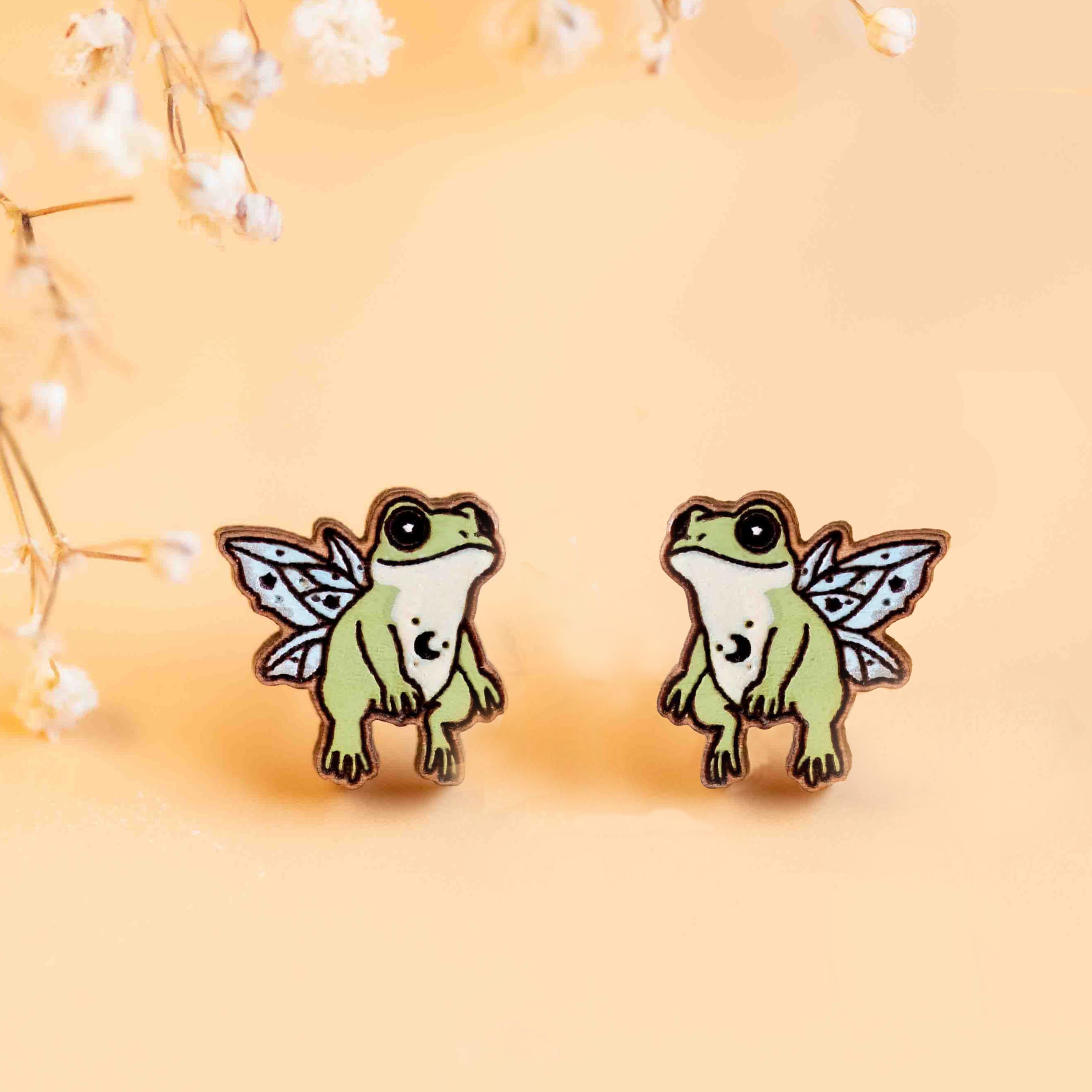 Hand-painted Fairy Frog Earrings Womens Girls Stud Wooden Earrings Gift by Robin Valley Studio