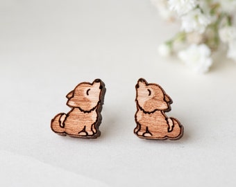 Handmade Howling Baby Wolf  Earrings Animal Earrings Womens Girls Stud Earrings Wooden Earrings