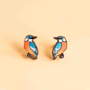 Hand-painted Kingfisher Earrings  Wooden Earrings Women’s Girl’s Stud Earrings gift by RobinValley Studio